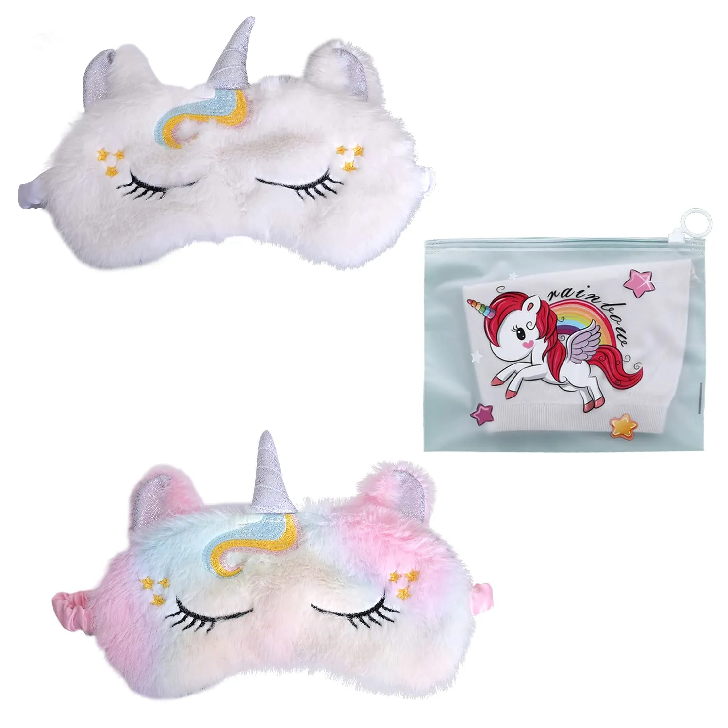 2-Pack Cartoon Animal Pattern Eye Masks with 1 Scrub Zipper Bag, Sleeping Eye Masks for Kids, Cute 3D Plush Eye Masks, Travel Breathable Eye Masks for Kids, Adults, Women