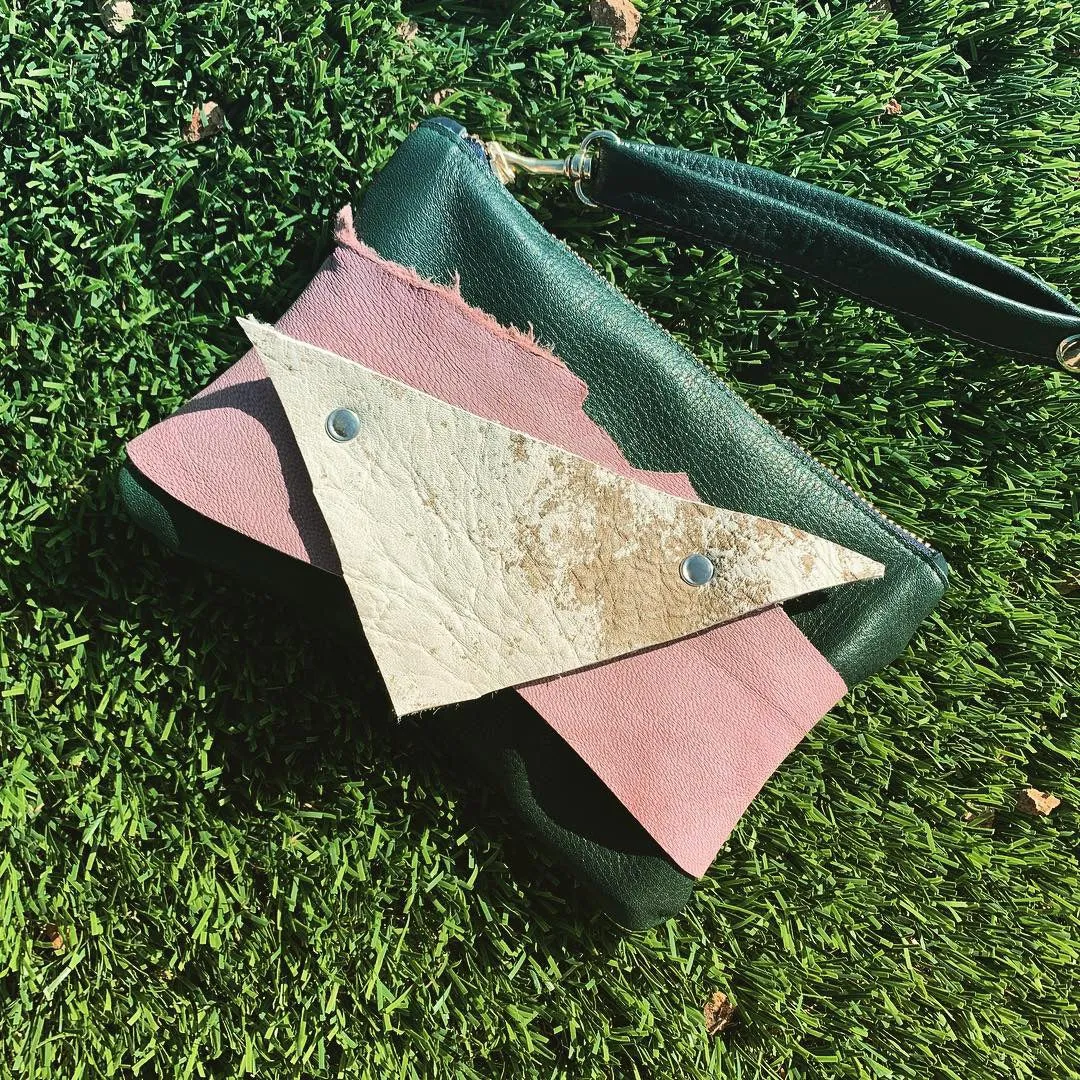 Abstract Mini Green Leather Clutch Wristlet