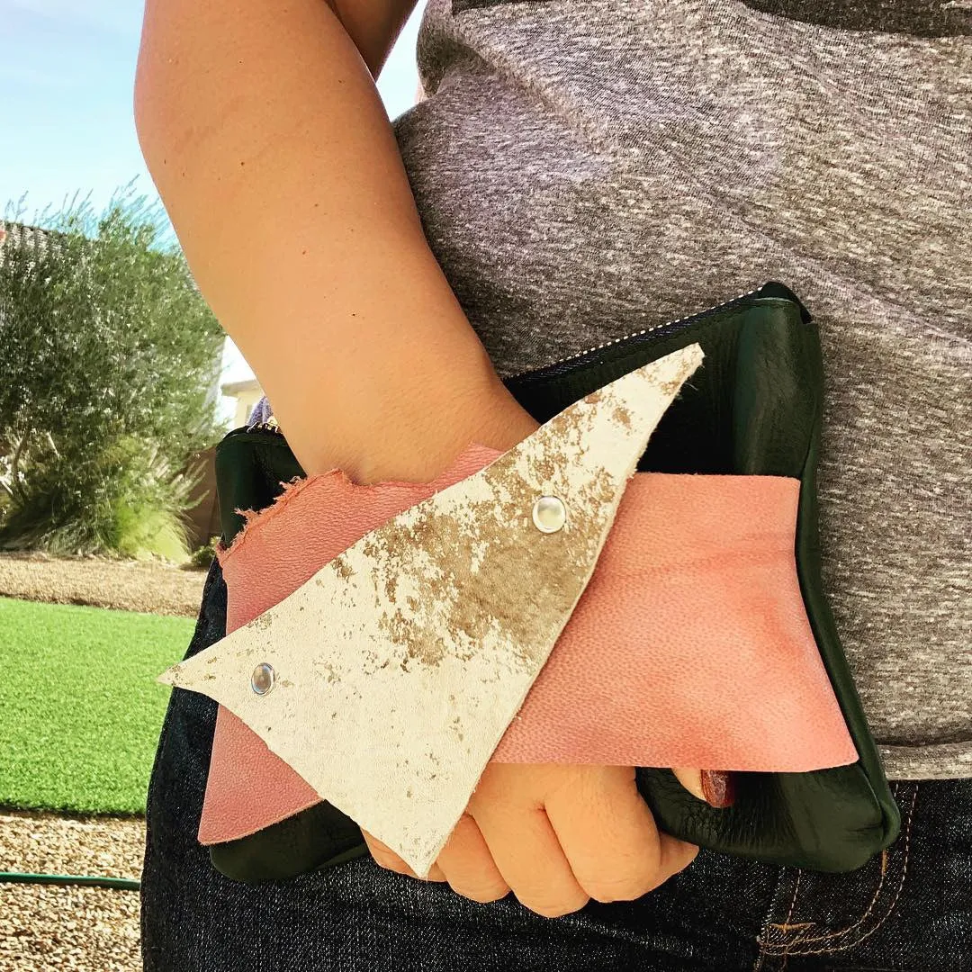 Abstract Mini Green Leather Clutch Wristlet