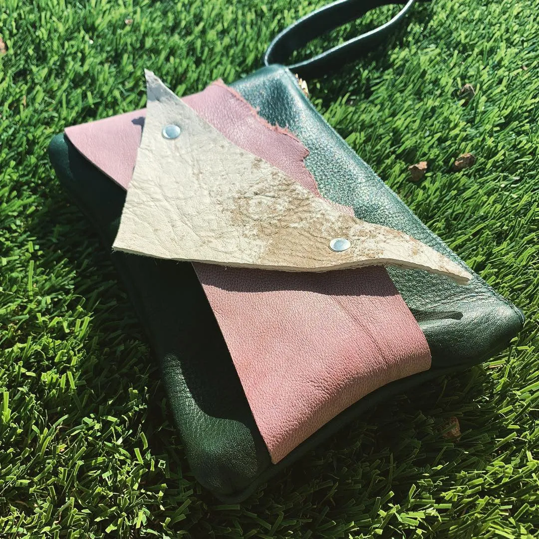 Abstract Mini Green Leather Clutch Wristlet