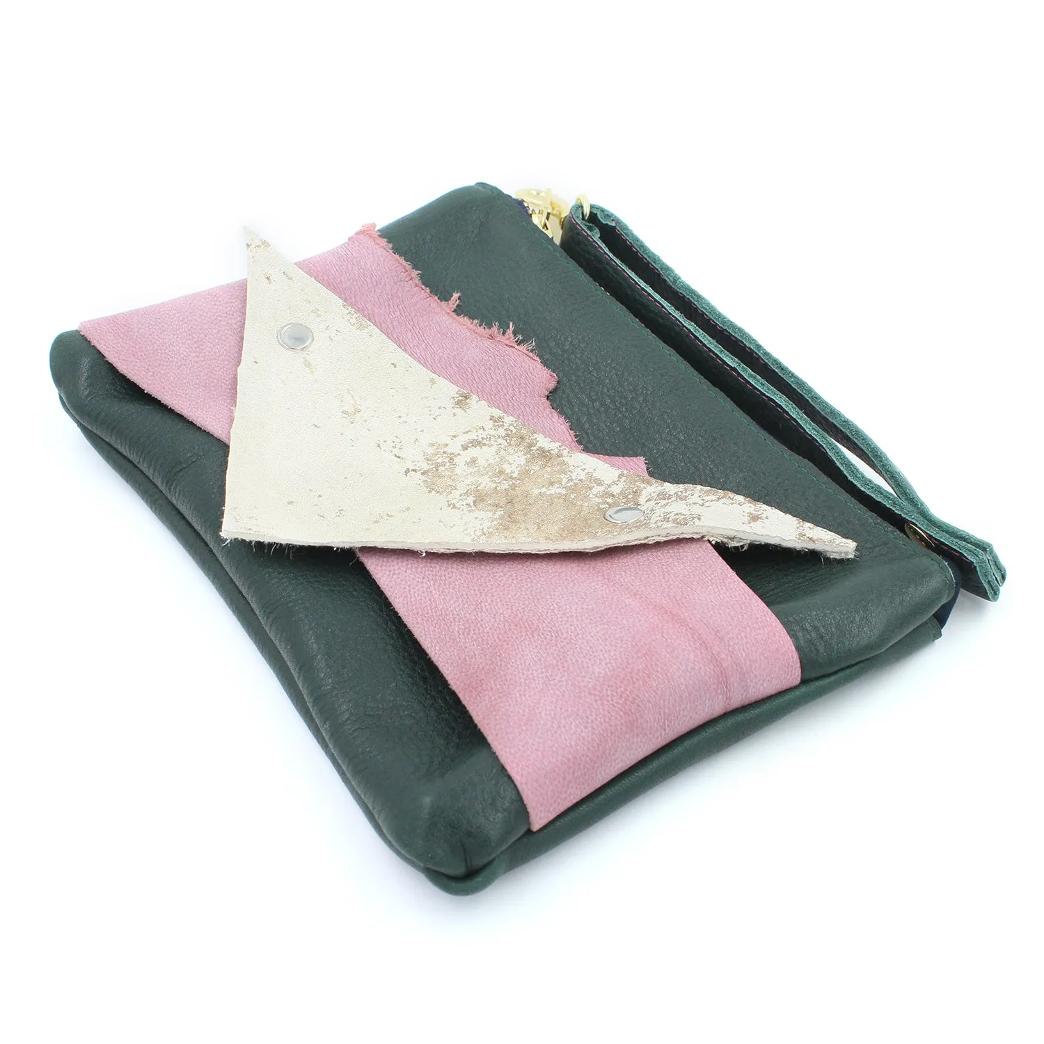 Abstract Mini Green Leather Clutch Wristlet