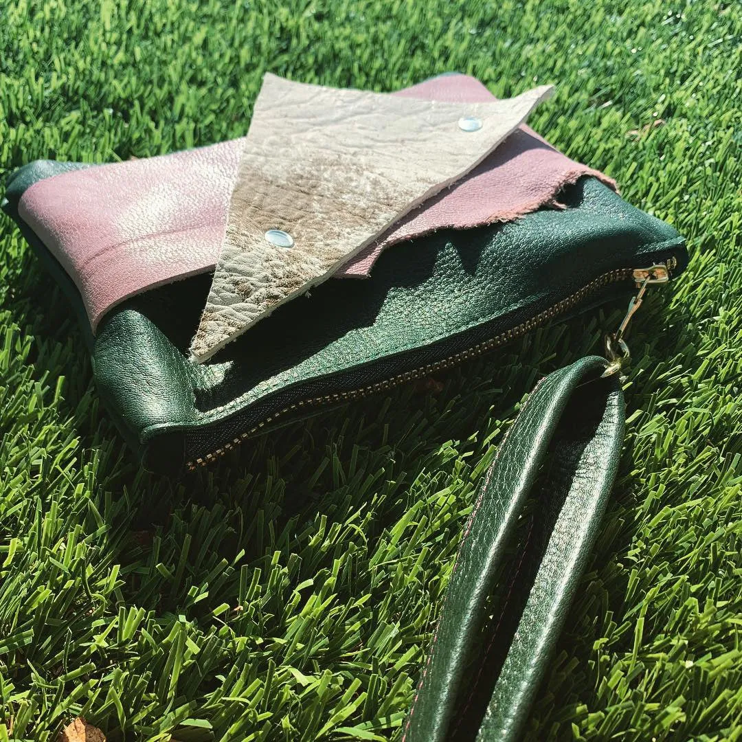 Abstract Mini Green Leather Clutch Wristlet