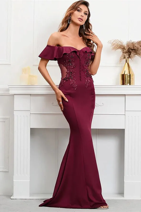 Ballbellas Burgundy Off-The-Shoulder Mermaid Appliques Evening Dress