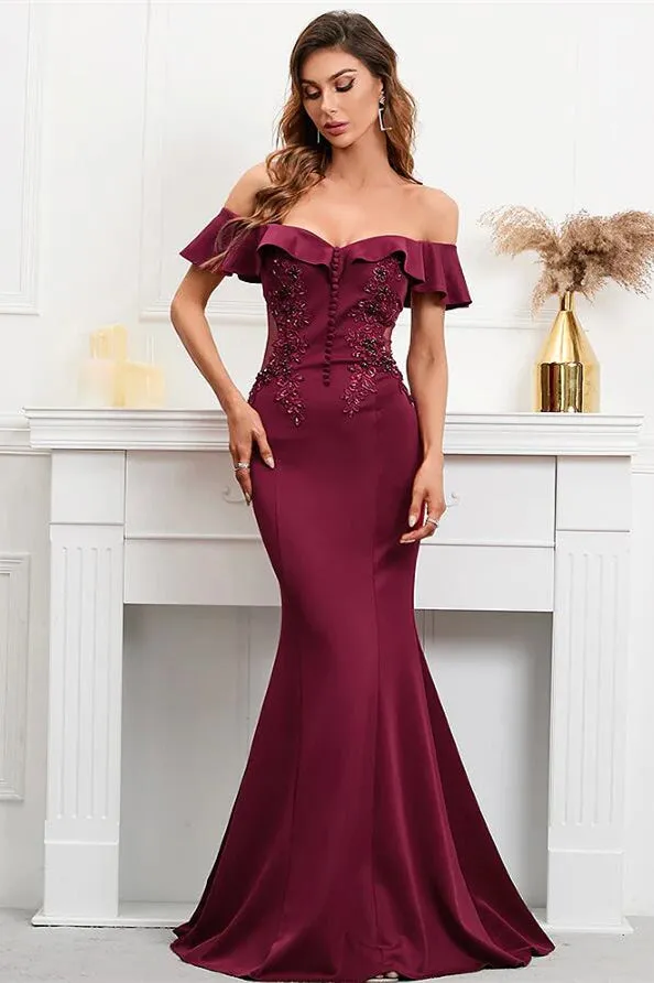 Ballbellas Burgundy Off-The-Shoulder Mermaid Appliques Evening Dress