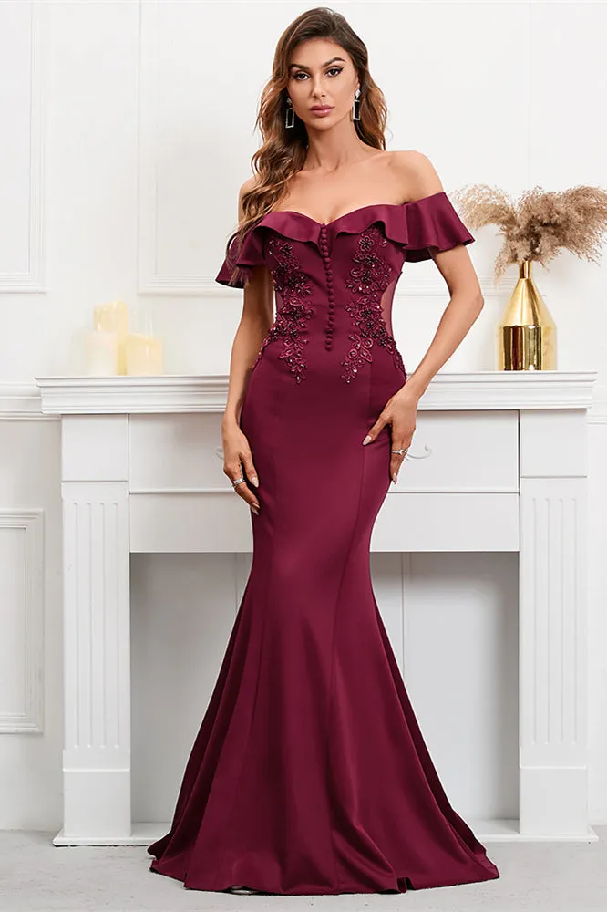 Ballbellas Burgundy Off-The-Shoulder Mermaid Appliques Evening Dress
