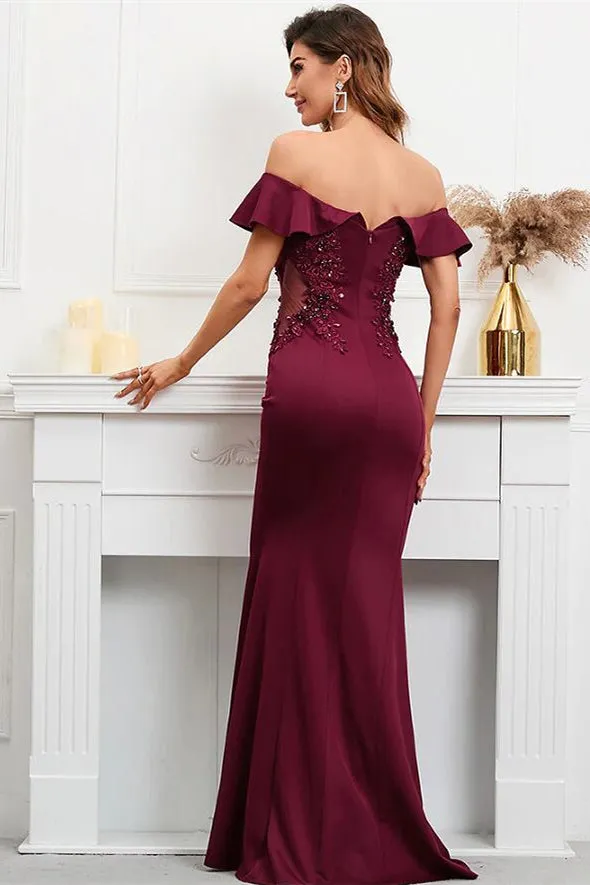 Ballbellas Burgundy Off-The-Shoulder Mermaid Appliques Evening Dress