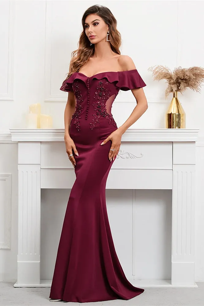Ballbellas Burgundy Off-The-Shoulder Mermaid Appliques Evening Dress