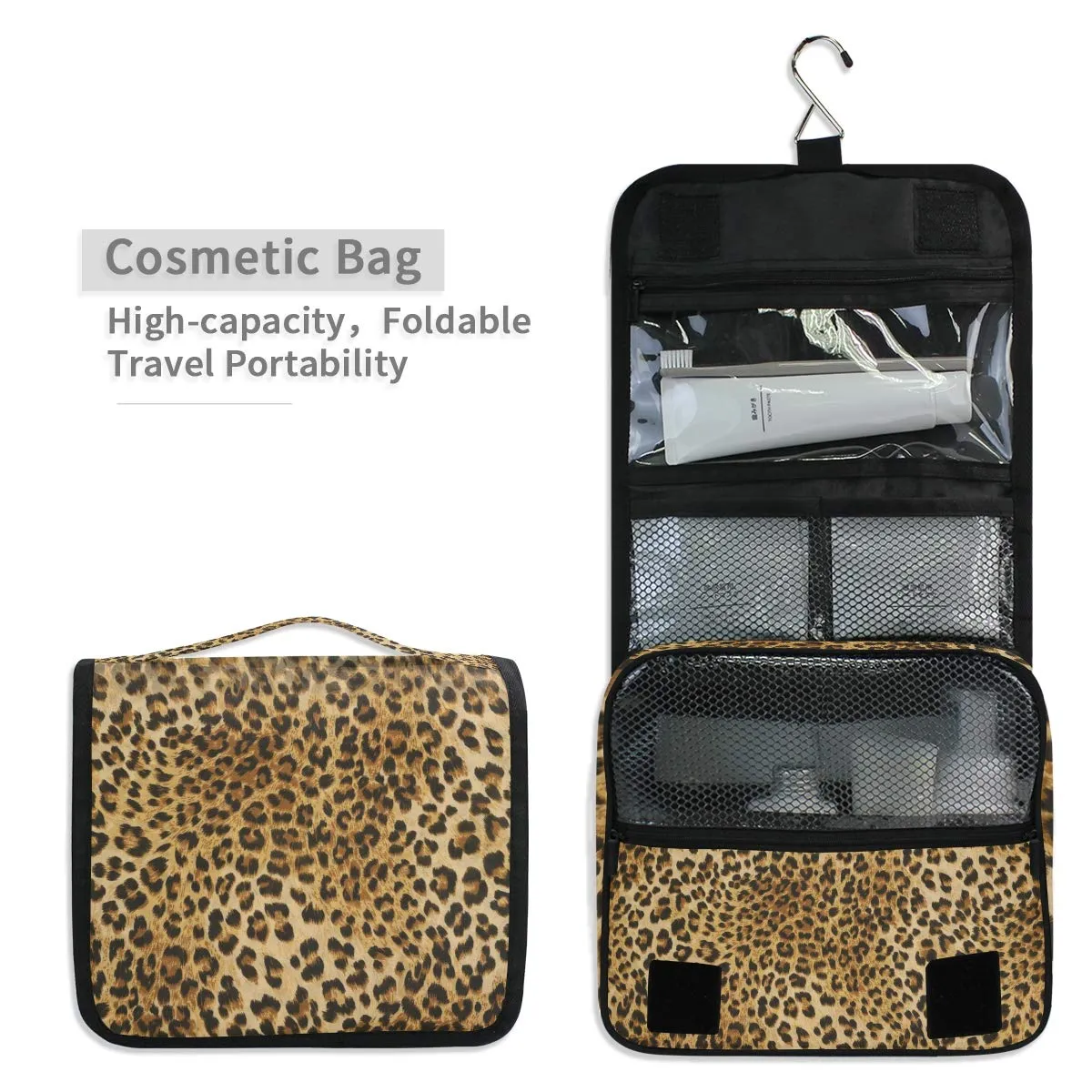 Bardic Hanging Travel Toiletry Bag Vintage Leopard Print Large Capacity Makeup Cosmetic Bag Portable Toiletry Kit Organizer