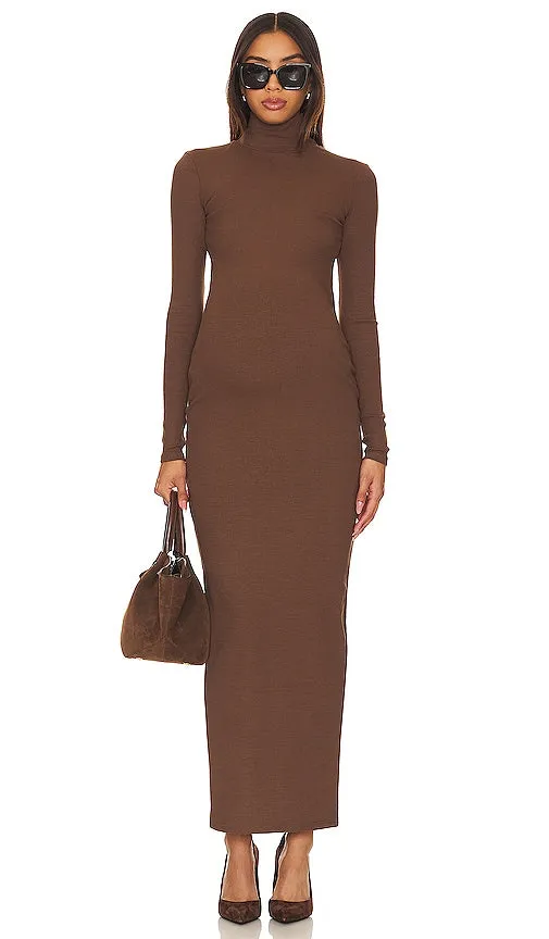 BUMPSUIT Long Sleeve Rib Maternity Dress in Brown