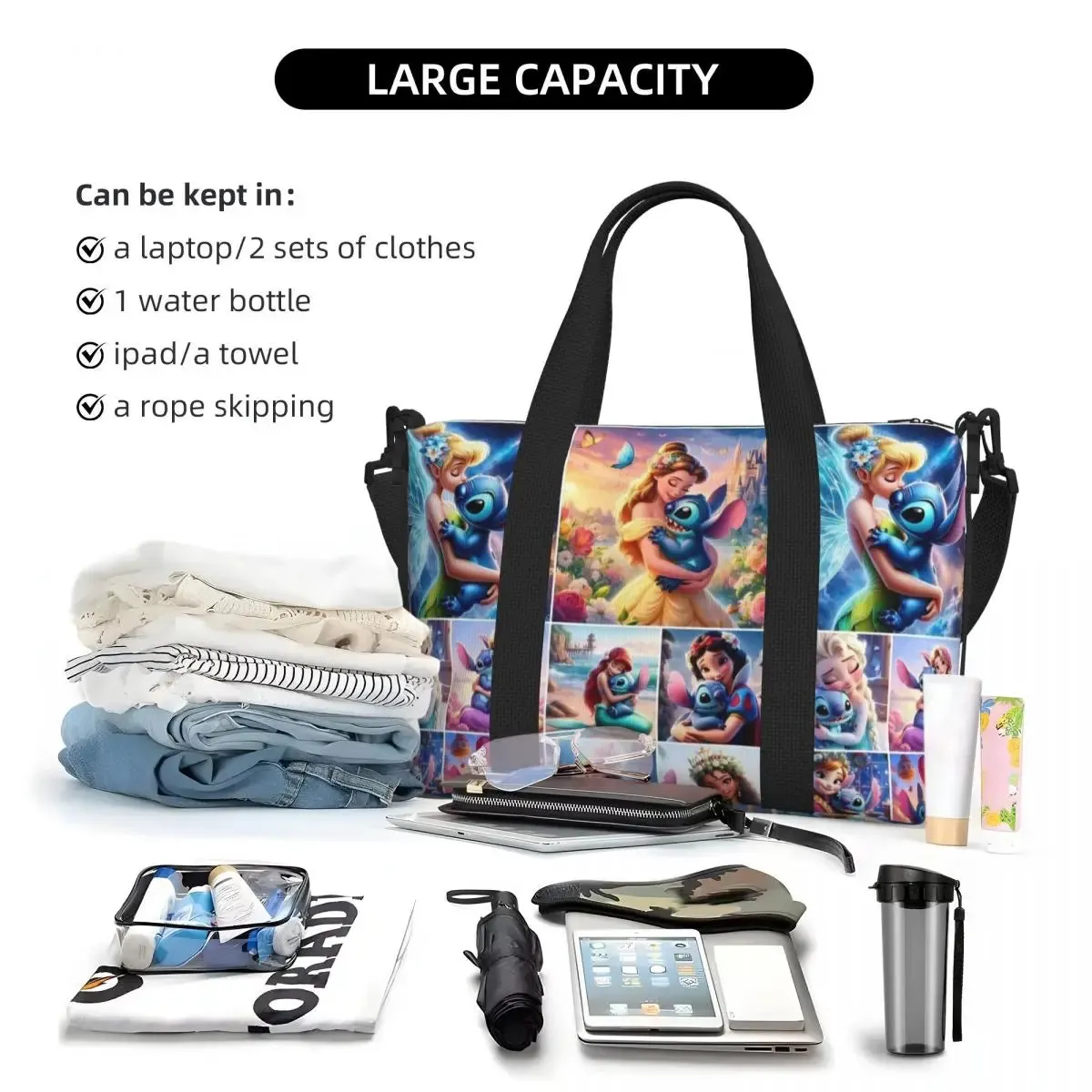 Custom Tinker Bell Stitch Wallpaper Tote Bag Women Large Capacity Beach Gym Travel Bags