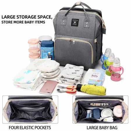 Diaper Bag Backpack with Changing Station Portable Baby Bag Foldable Baby Bed Back Pack Travel Waterproof Large Travel Bag, Stroller Straps, Insulated Pockets, Gift for Mom Dad (Grey)Gray,