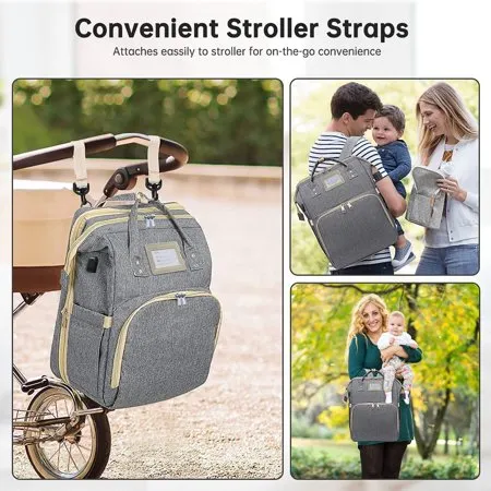 Diaper Bag Backpack with Changing Station Portable Baby Bag Foldable Baby Bed Back Pack Travel Waterproof Large Travel Bag, Stroller Straps, Insulated Pockets, Gift for Mom Dad (Grey)Gray,