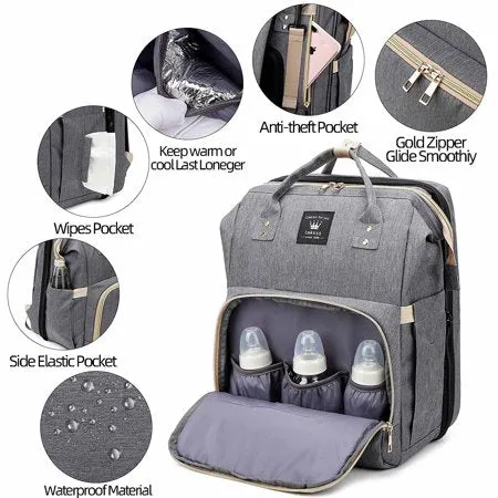 Diaper Bag Backpack with Changing Station Portable Baby Bag Foldable Baby Bed Back Pack Travel Waterproof Large Travel Bag, Stroller Straps, Insulated Pockets, Gift for Mom Dad (Grey)Gray,