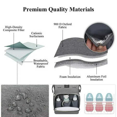 Diaper Bag Backpack with Changing Station Portable Baby Bag Foldable Baby Bed Back Pack Travel Waterproof Large Travel Bag, Stroller Straps, Insulated Pockets, Gift for Mom Dad (Grey)Gray,