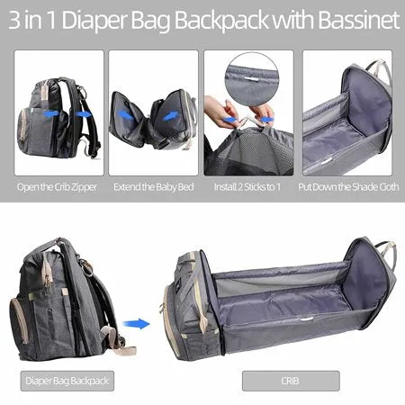 Diaper Bag Backpack with Changing Station Portable Baby Bag Foldable Baby Bed Back Pack Travel Waterproof Large Travel Bag, Stroller Straps, Insulated Pockets, Gift for Mom Dad (Grey)Gray,