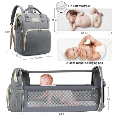 Diaper Bag Backpack with Changing Station Portable Baby Bag Foldable Baby Bed Back Pack Travel Waterproof Large Travel Bag, Stroller Straps, Insulated Pockets, Gift for Mom Dad (Grey)Gray,