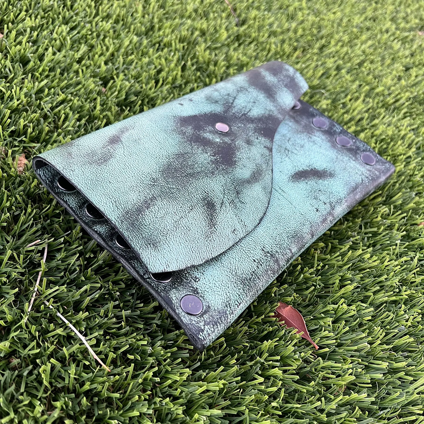 Distressed Vintage Green Leather Snap Clutch