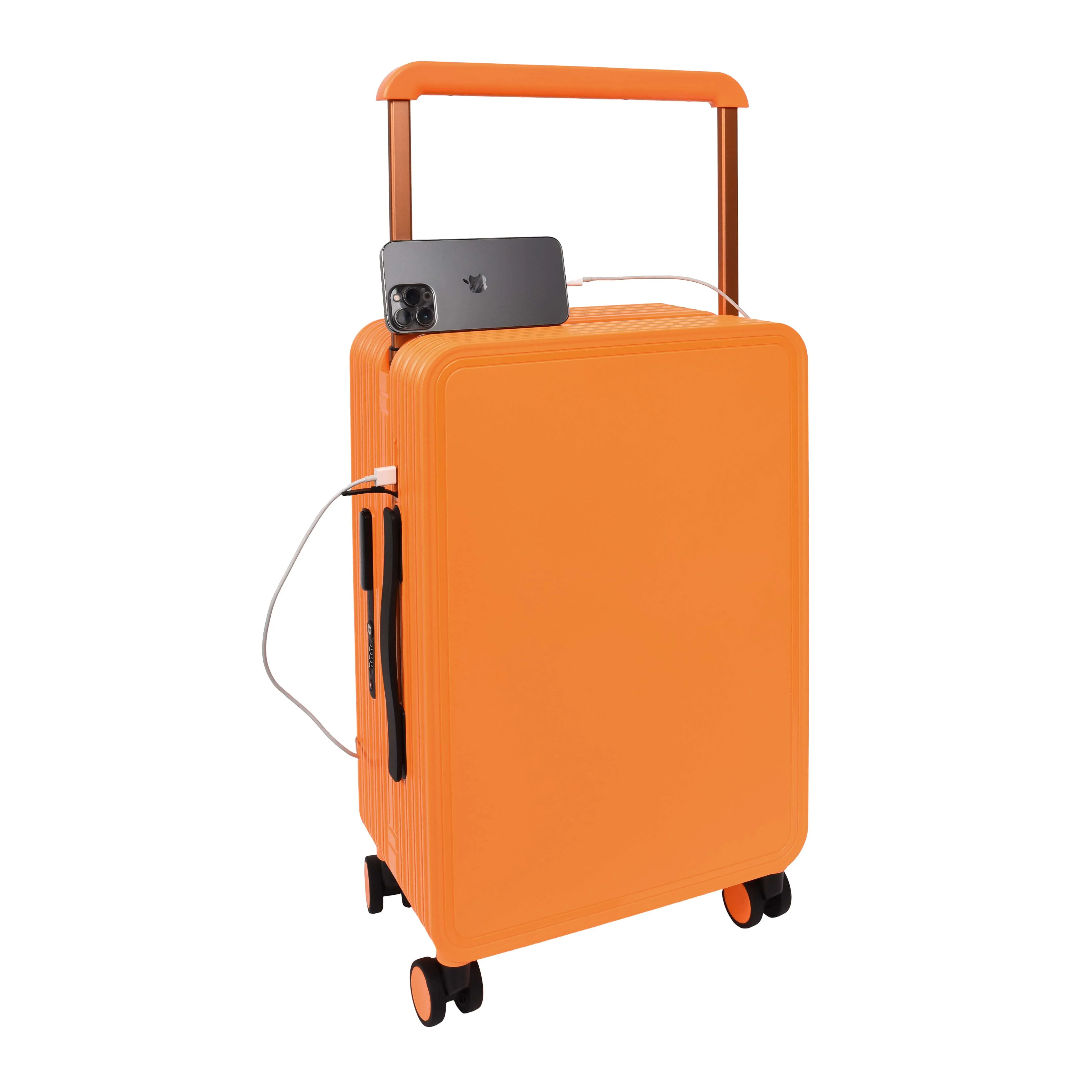 DR698 Cabin Size USB Port Suitcase Four Wheels Hard Shell Smart Luggage Orange