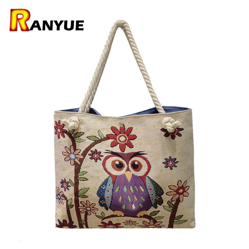 Floral Owl Printed Women Bag Canvas Women's Casual Tote Female Shopping/Beach Bag Women Handbags Large Capacity Shoulder Bags