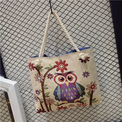 Floral Owl Printed Women Bag Canvas Women's Casual Tote Female Shopping/Beach Bag Women Handbags Large Capacity Shoulder Bags