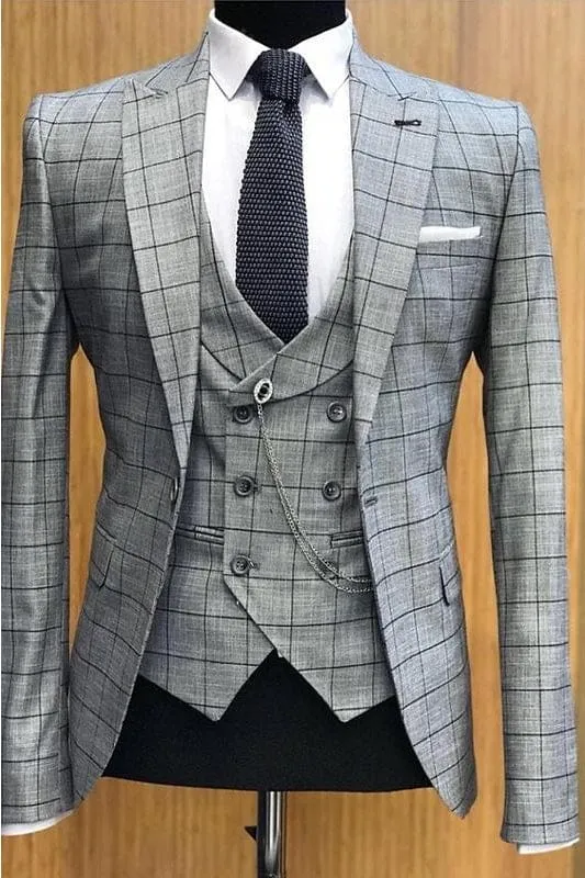 Gray Peaked Lapel Three Pieces Plaid Business Suits Slim Fit Womens Wedding Suits with Jacket