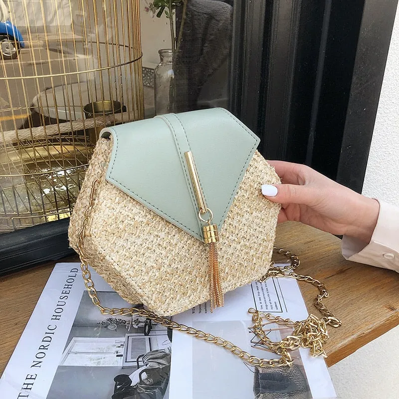 Hexagon Multi Style Straw   leather Handbag Women