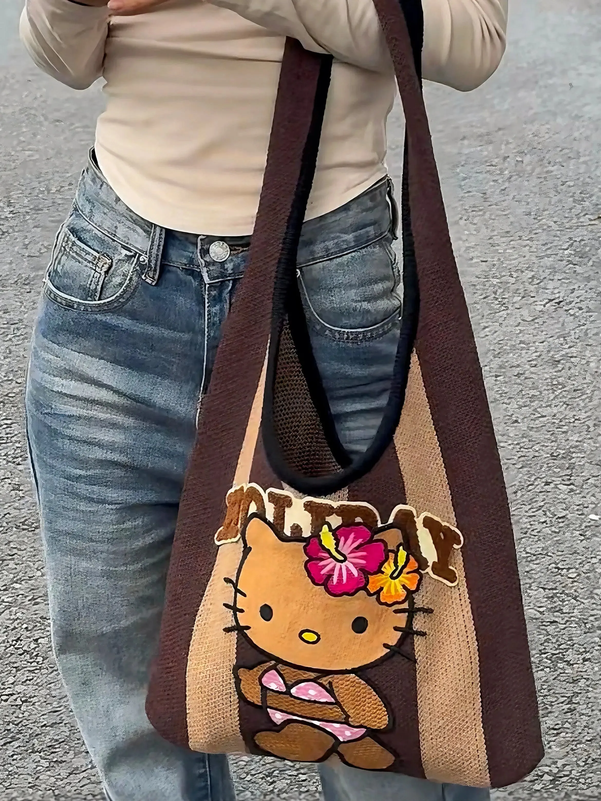 'Holiday' Kawaii Y2k Brown Kitty Knitted Tote Bag