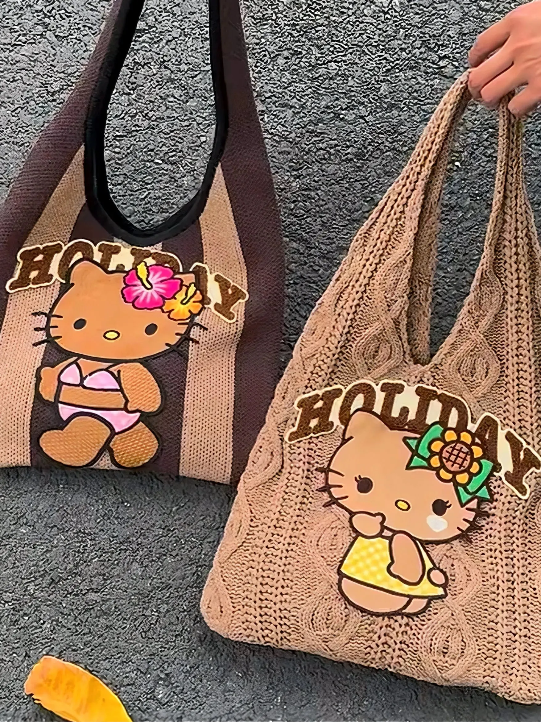 'Holiday' Kawaii Y2k Brown Kitty Knitted Tote Bag