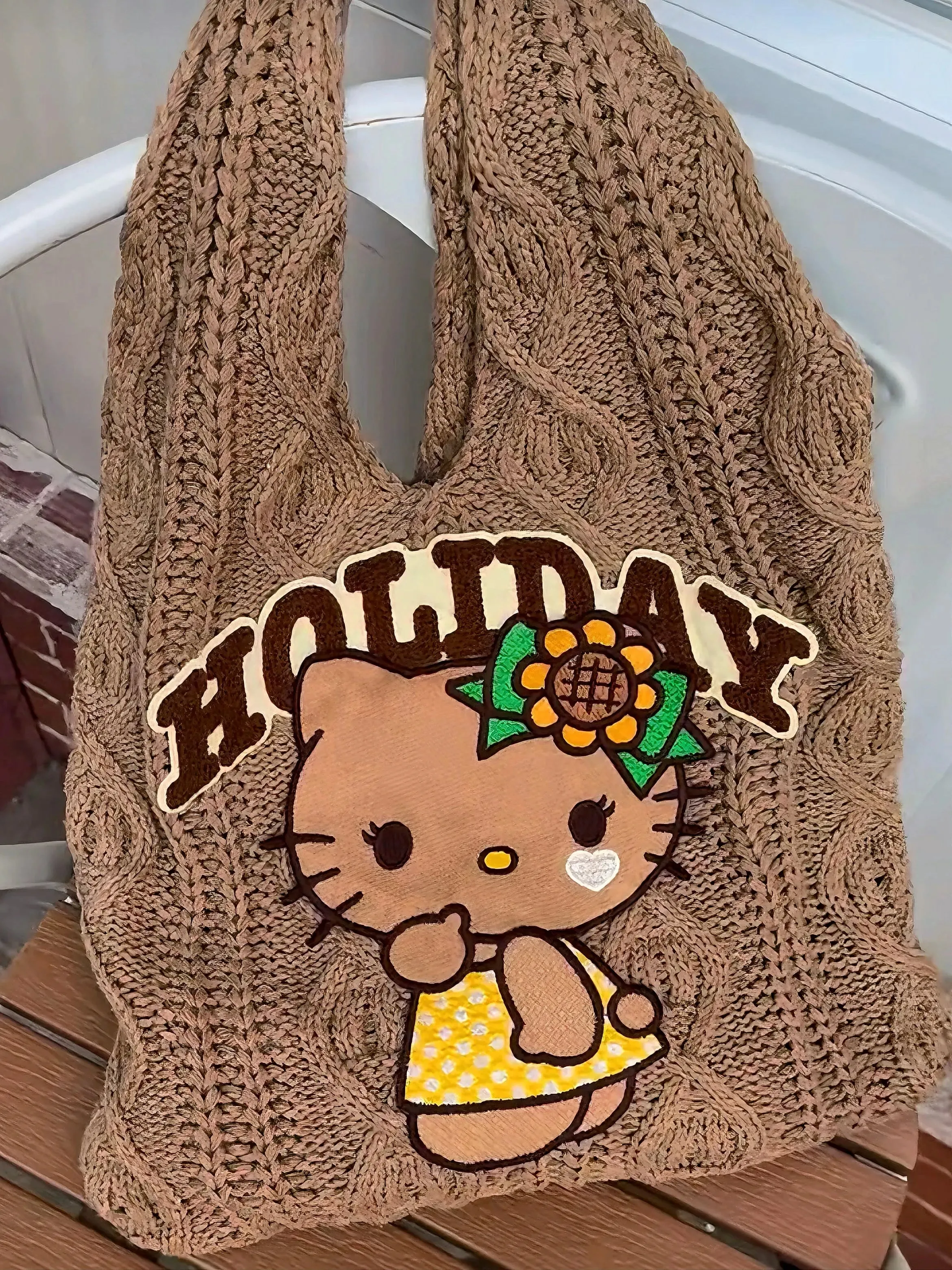 'Holiday' Kawaii Y2k Brown Kitty Knitted Tote Bag