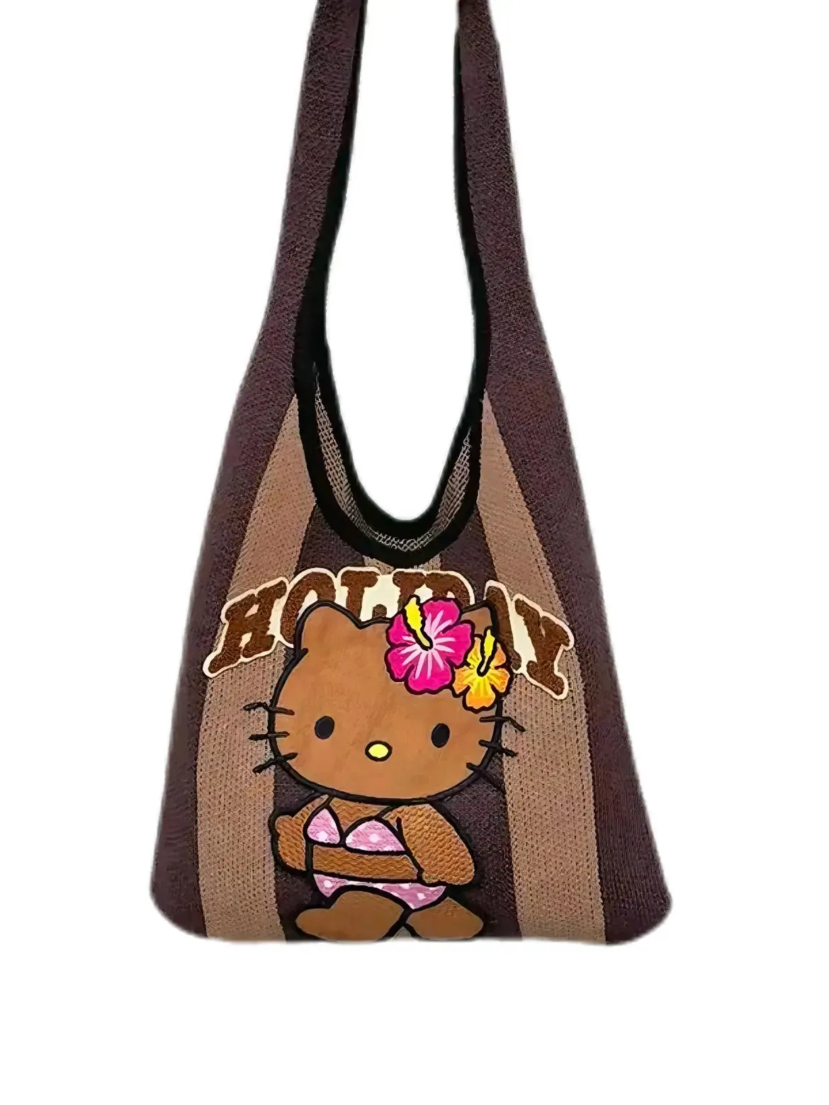 'Holiday' Kawaii Y2k Brown Kitty Knitted Tote Bag