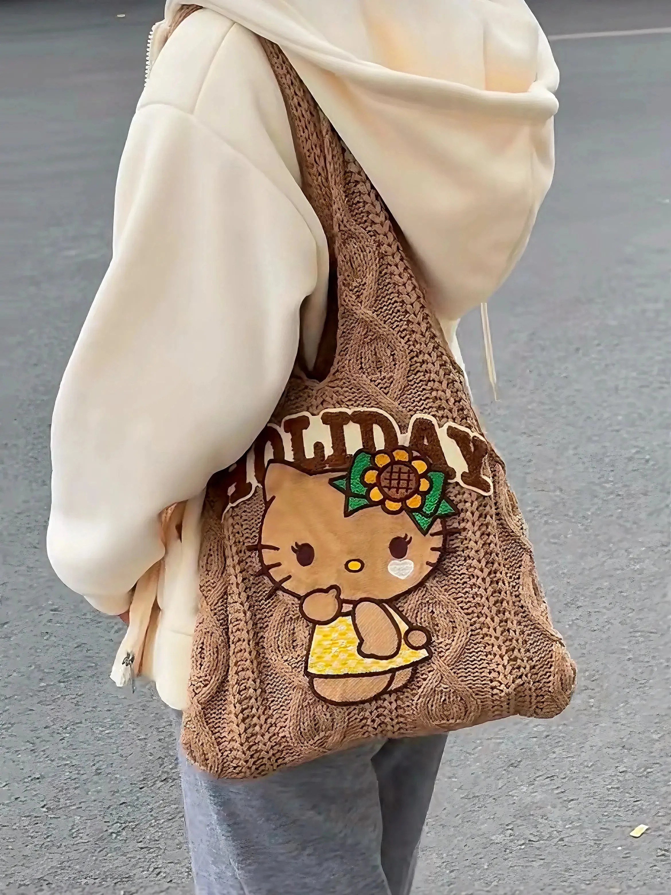 'Holiday' Kawaii Y2k Brown Kitty Knitted Tote Bag