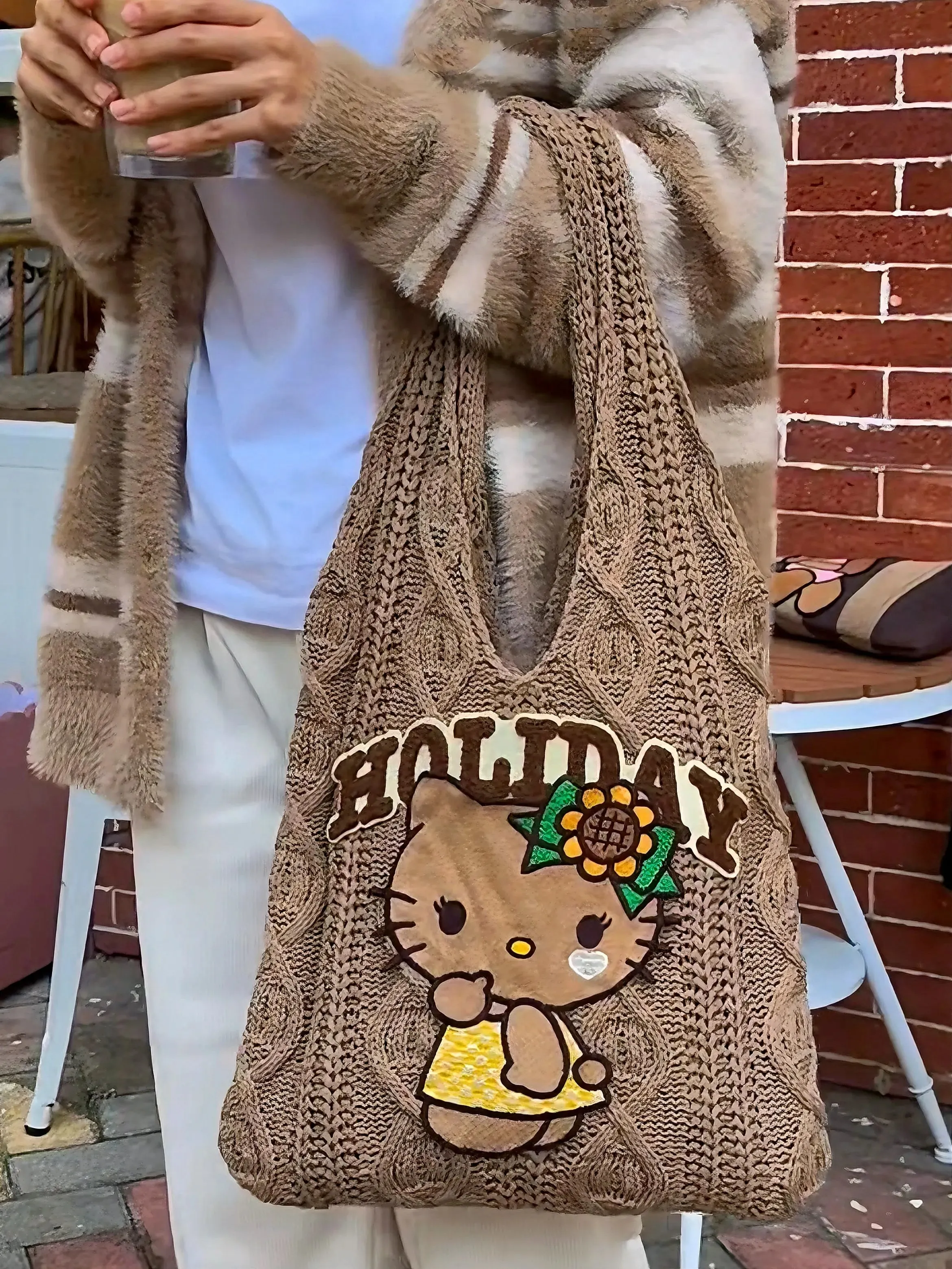 'Holiday' Kawaii Y2k Brown Kitty Knitted Tote Bag