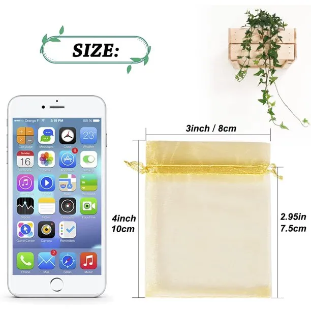 HRX Package 100pcs Little Gold Organza Bags 3 x 4 inch, Mesh Jewelry Pouches Drawstring Empty Sachets for Bracelets Candy Small Gift
