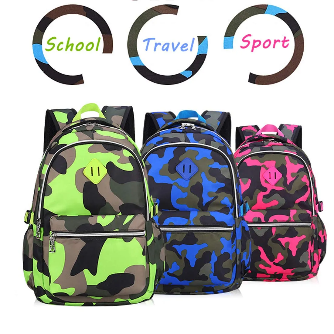 Ladyzone Camo School Backpack Lightweight Schoolbag Travel Camp Outdoor Daypack Bookbag for Your Children (Camouflage Blue（NS）)