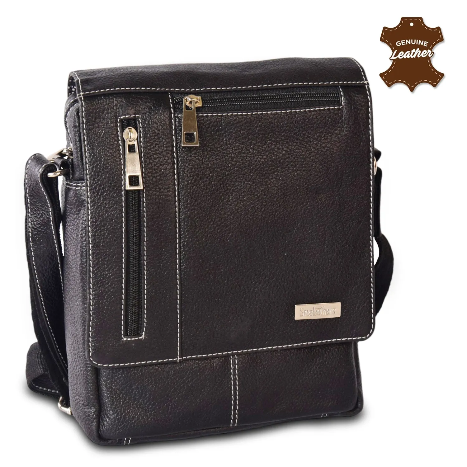 Leather Messenger Bag 36813 (BLACK)