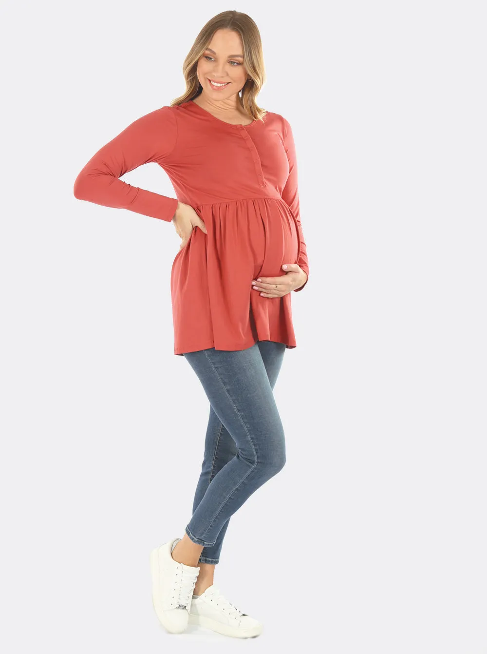 Maternity & Nursing Long Sleeve Baby Doll Tee In Raspberry