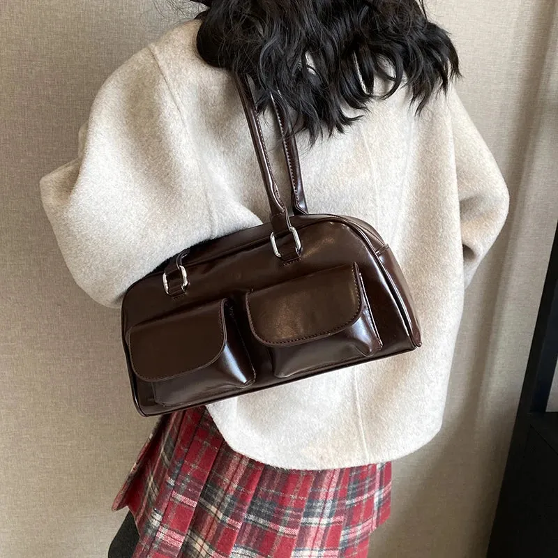 PU Leather Double Pockets Design Underarm Bag