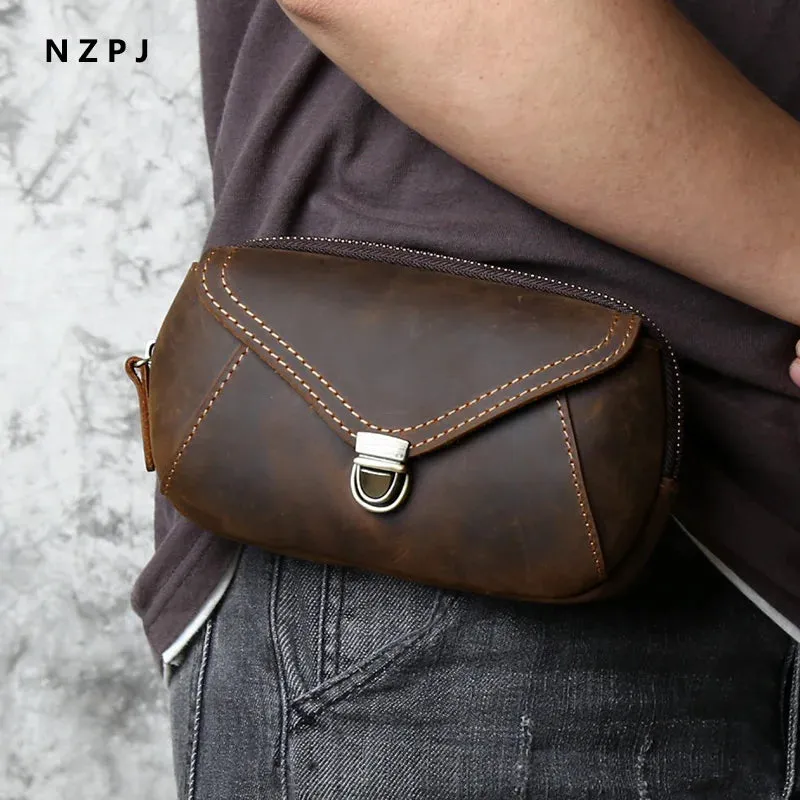 Retro Leather Men's Mobile Phone Bag Crazy-horse Leather Waist Bag Top Layer Cowhide Clutch