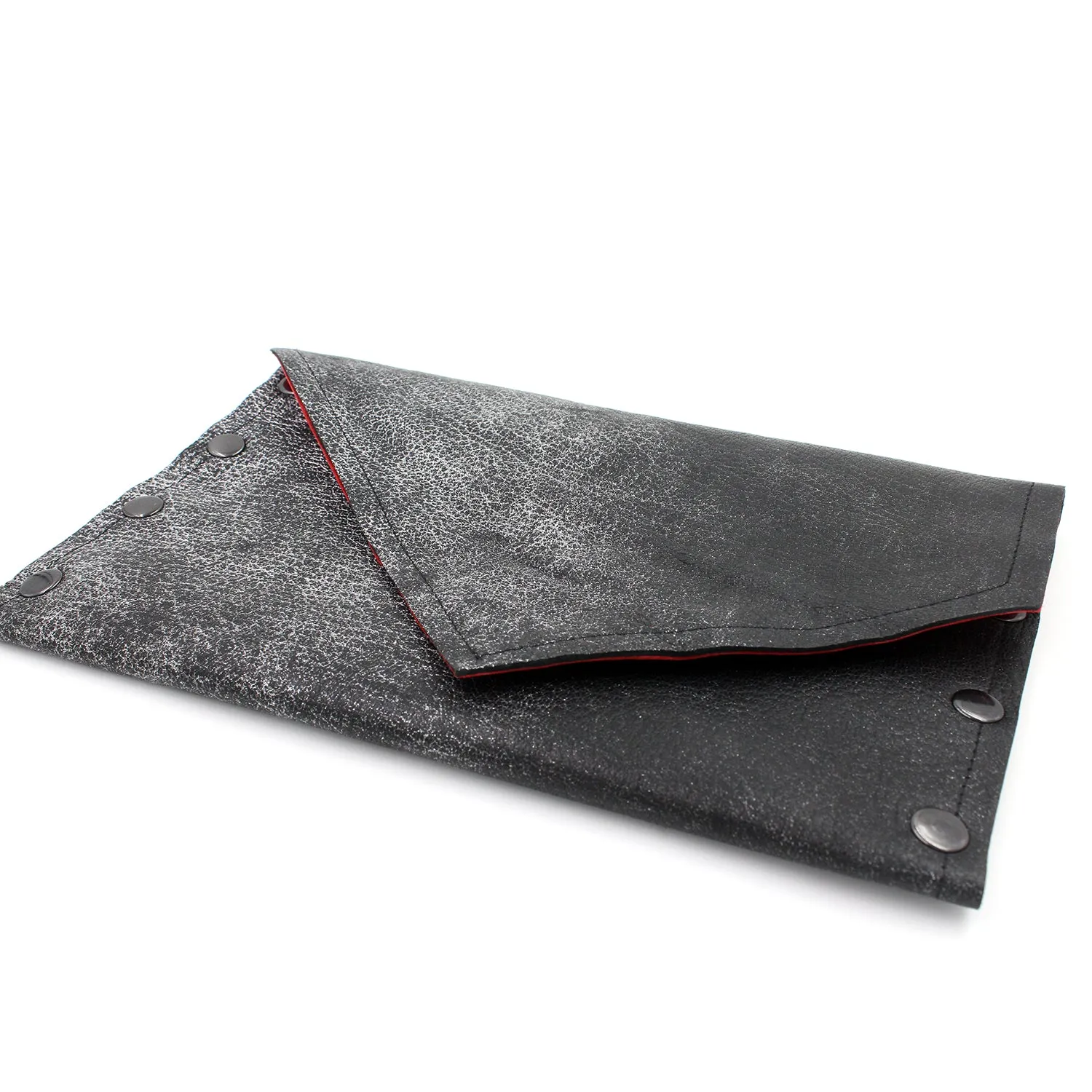 Rock Star Gunmetal Leather Clutch with Red Glitter Metallic Interior