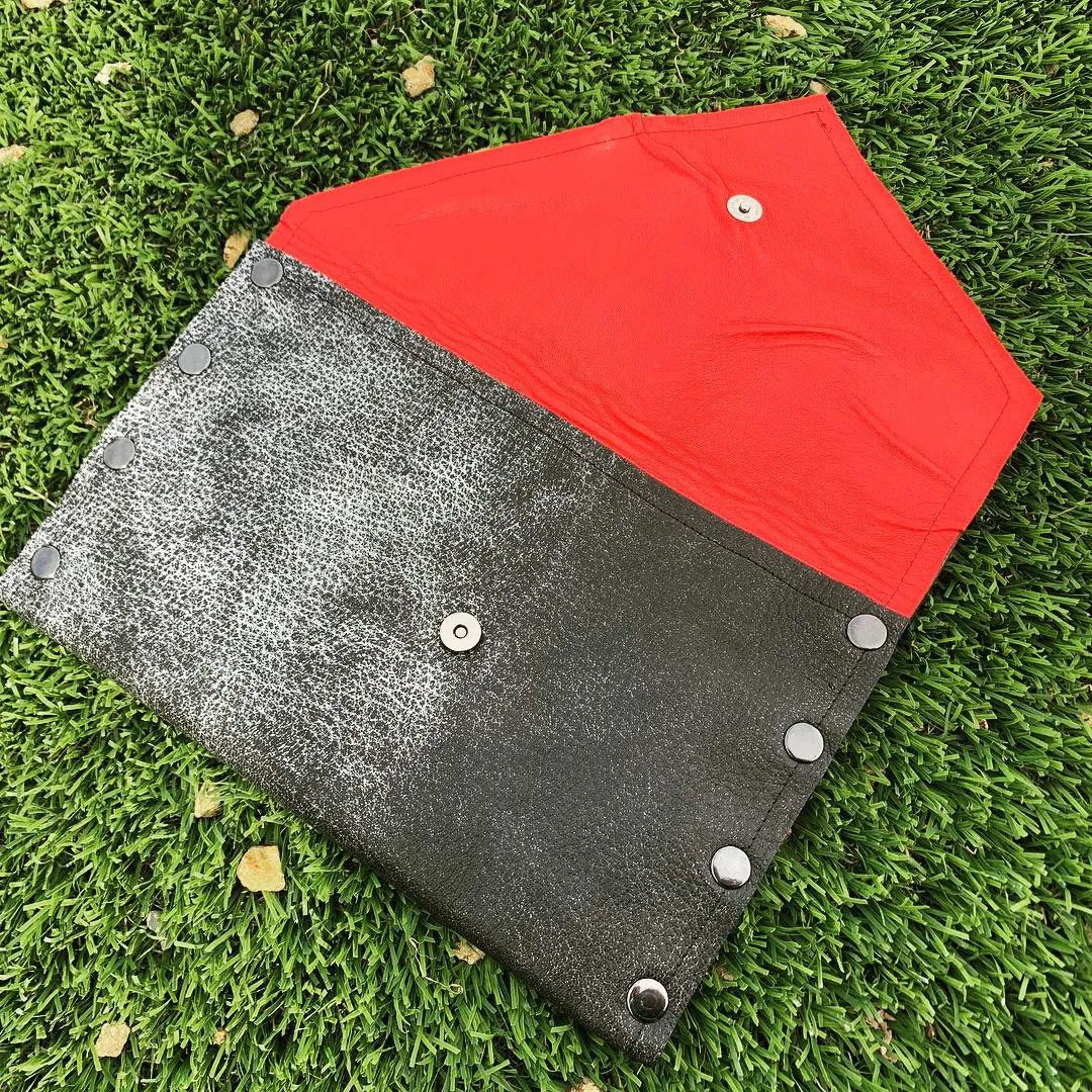 Rock Star Gunmetal Leather Clutch with Red Glitter Metallic Interior