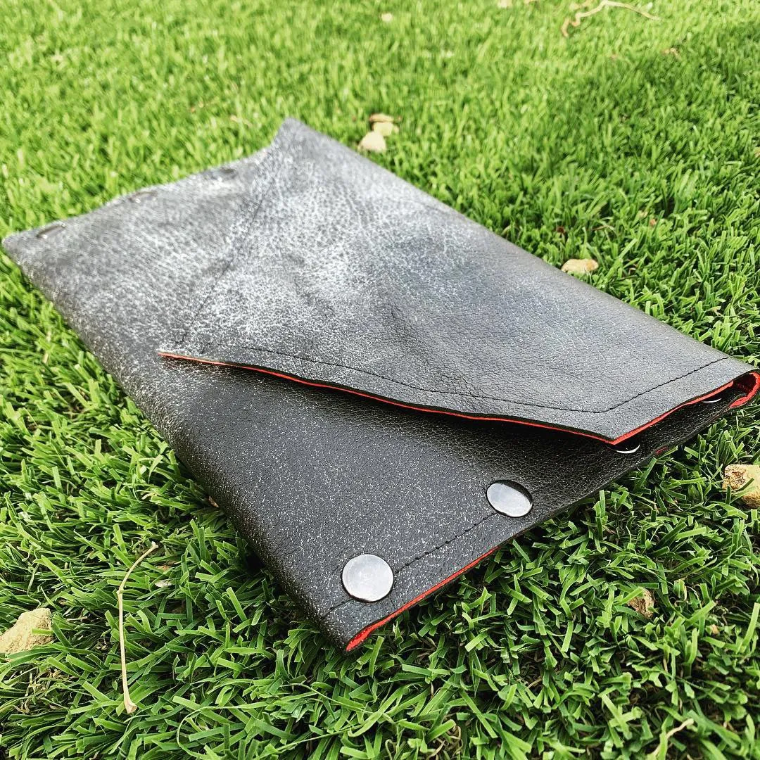 Rock Star Gunmetal Leather Clutch with Red Glitter Metallic Interior