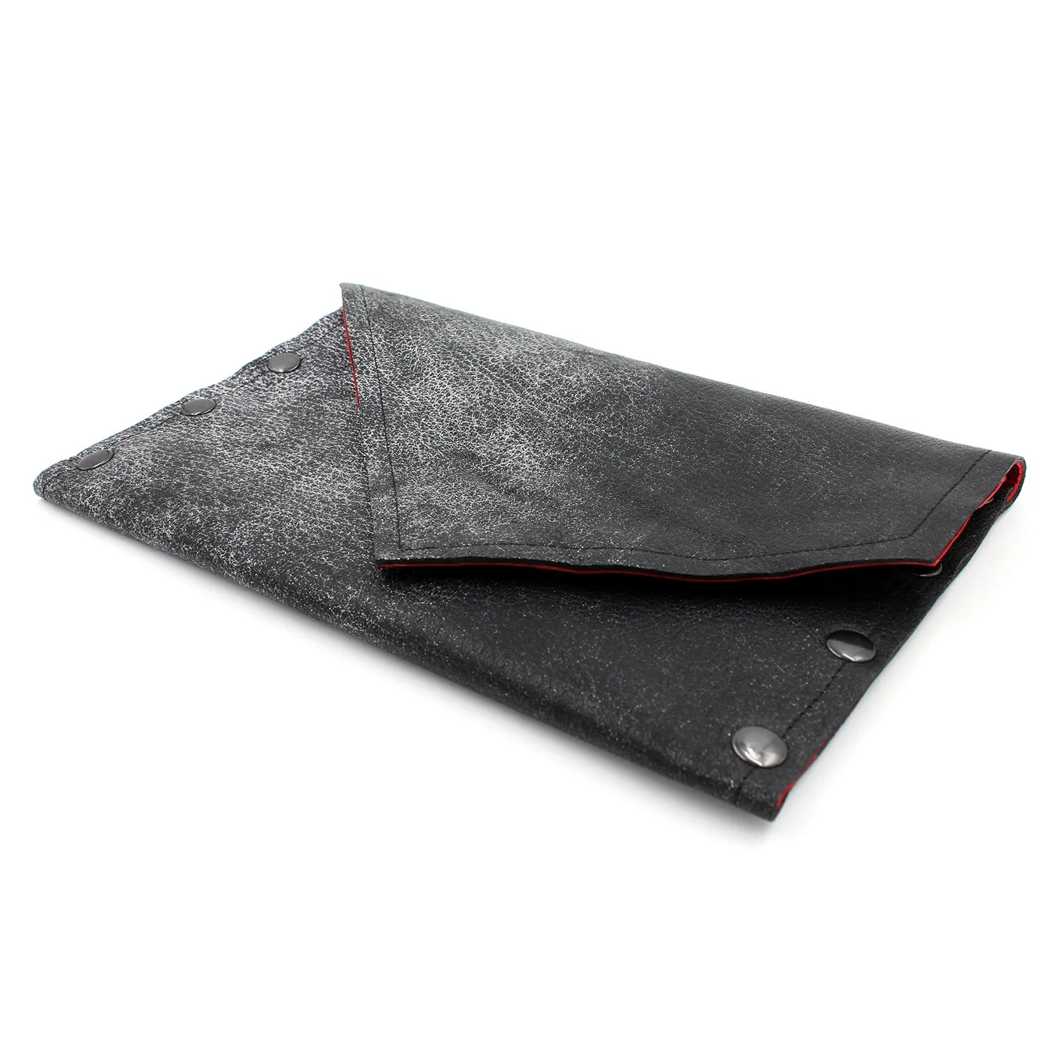 Rock Star Gunmetal Leather Clutch with Red Glitter Metallic Interior