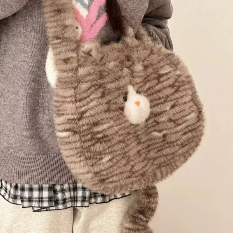 Uakiss Cute Cat Shoulder Bag for Women Casual Plush Kawaii Japanese Style Aesthetic Backpacks Cartoon Fashion Female Crossbody Bag