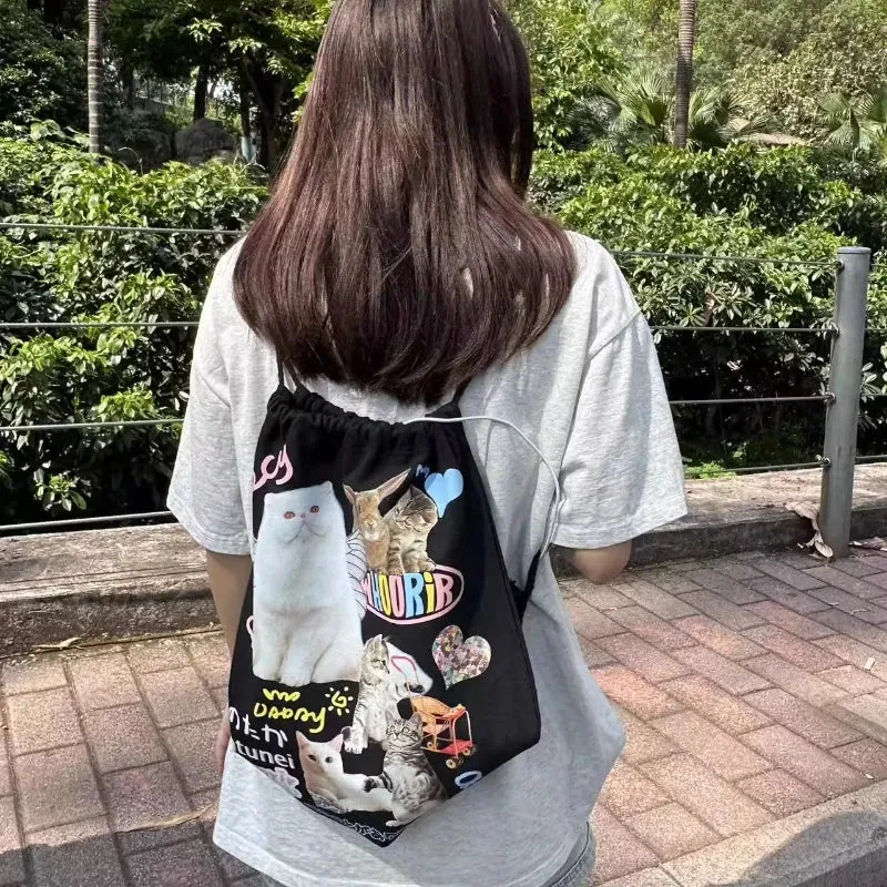 UAKISS  -  Y2k Aesthetic Casual All Match Backpack Japanese Cartoon Chic Drawstring Schoolbags Women Harajuku Vintage Cat Print Canvas Bags