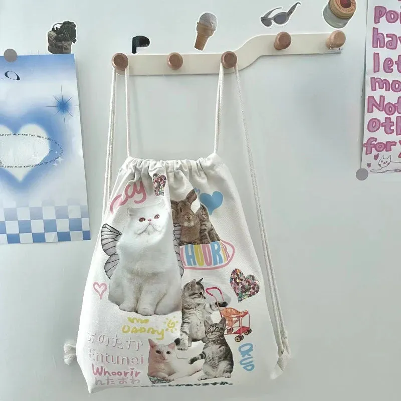 UAKISS  -  Y2k Aesthetic Casual All Match Backpack Japanese Cartoon Chic Drawstring Schoolbags Women Harajuku Vintage Cat Print Canvas Bags