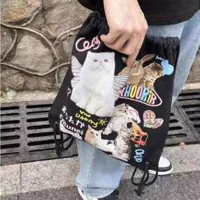 UAKISS  -  Y2k Aesthetic Casual All Match Backpack Japanese Cartoon Chic Drawstring Schoolbags Women Harajuku Vintage Cat Print Canvas Bags
