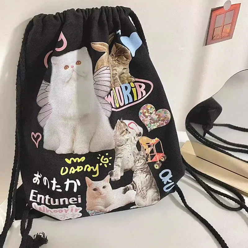 UAKISS  -  Y2k Aesthetic Casual All Match Backpack Japanese Cartoon Chic Drawstring Schoolbags Women Harajuku Vintage Cat Print Canvas Bags