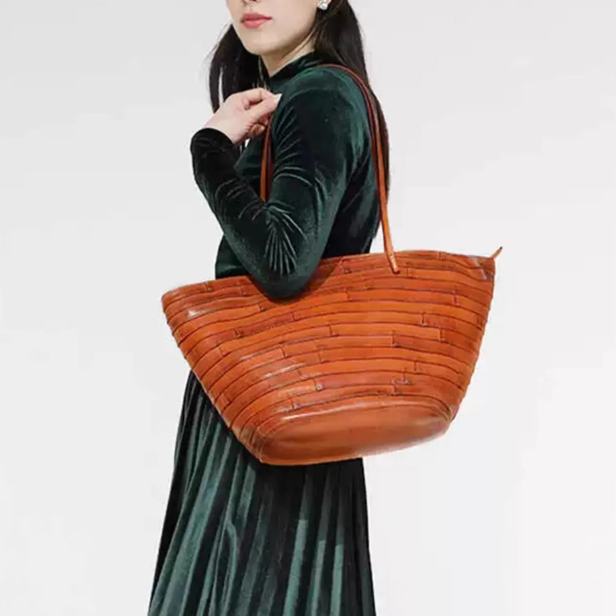 Womens Genuine Leather Tote Handbags Spliced Leather Shoulder Tote Bag