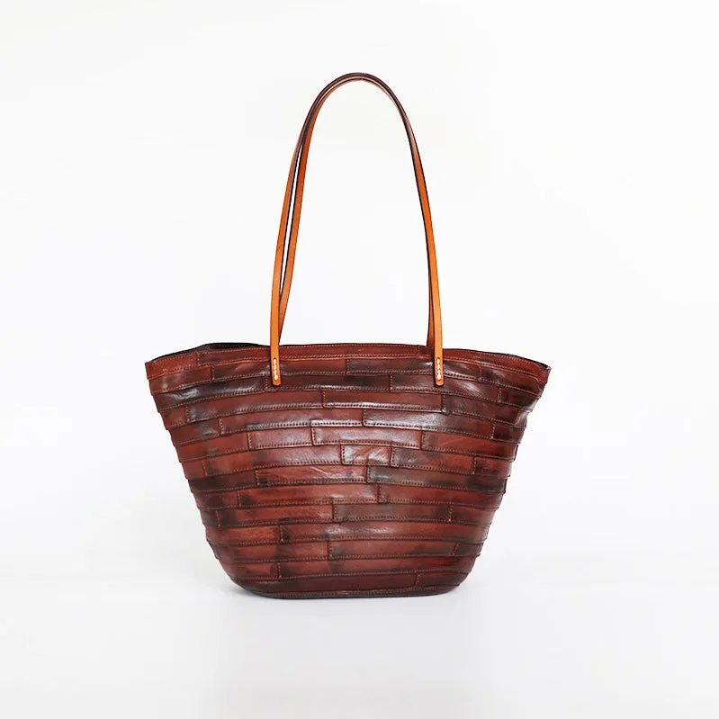 Womens Genuine Leather Tote Handbags Spliced Leather Shoulder Tote Bag