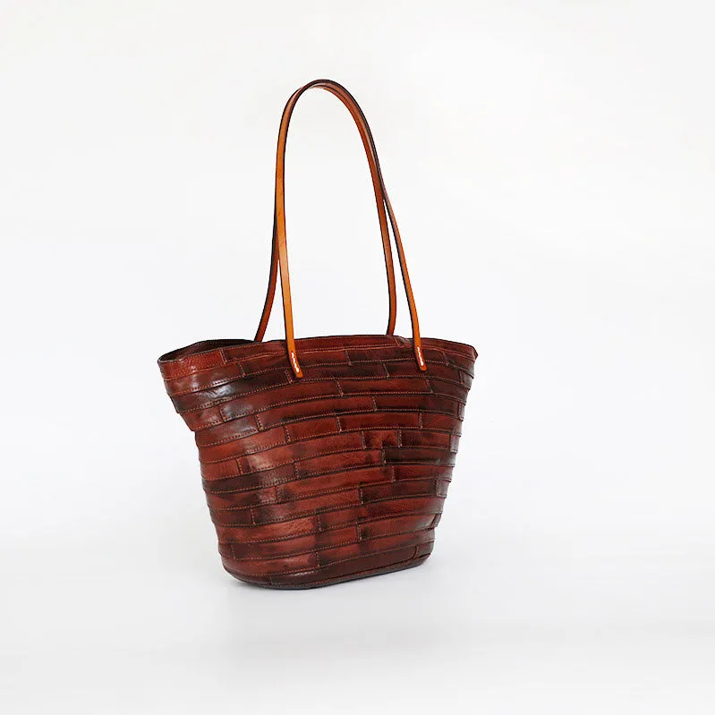 Womens Genuine Leather Tote Handbags Spliced Leather Shoulder Tote Bag